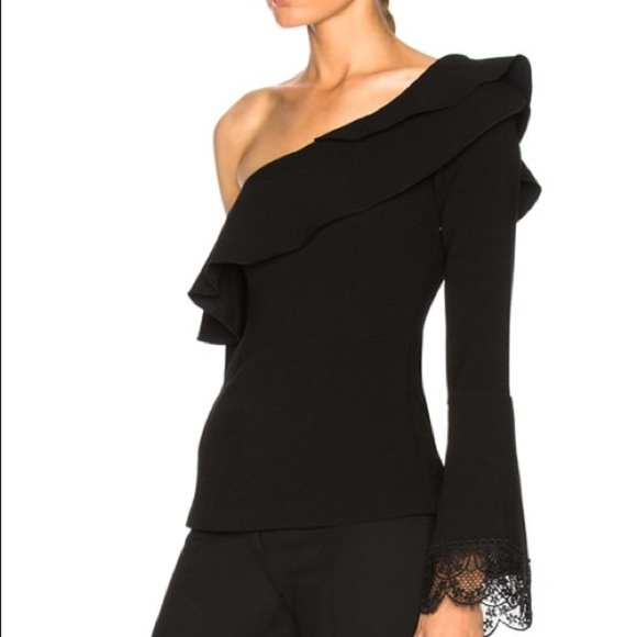 NICHOLAS Tops - Black One Shoulder Ruffle Lace Trim Bell Sleeve Blouse Top